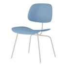 The Eames Molded Plastic Dining Chair from Herman Miller with the pale blue shell and white leg finish.