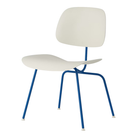 The Eames Molded Plastic Dining Chair from Herman Miller with the white shell and berry blue leg finish.