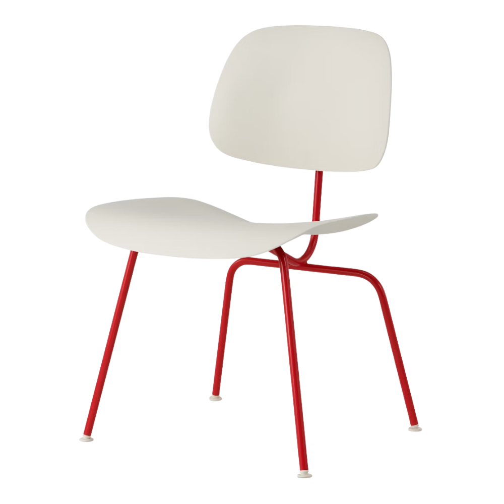 The Eames Molded Plastic Dining Chair from Herman Miller with the white shell and blaze leg finish.