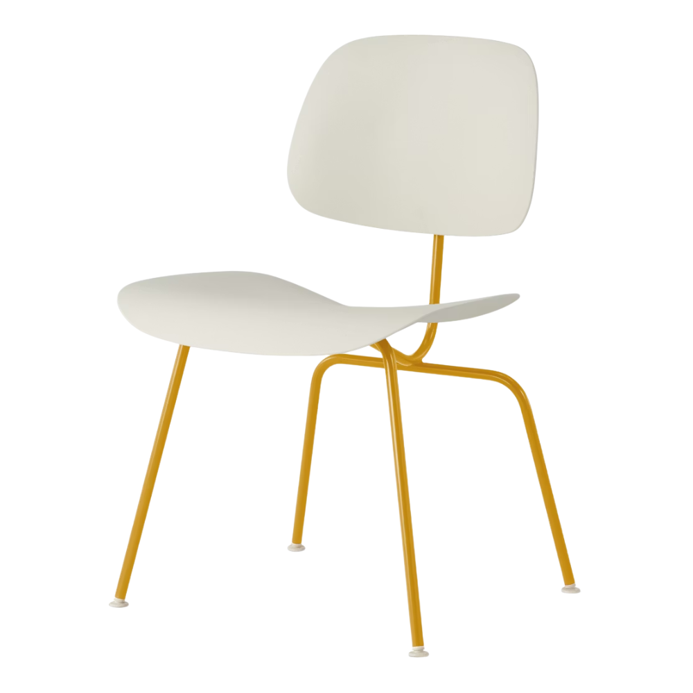 The Eames Molded Plastic Dining Chair from Herman Miller with the white shell and marigold leg finish.