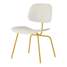 The Eames Molded Plastic Dining Chair from Herman Miller with the white shell and marigold leg finish.