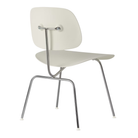 The Eames Molded Plastic Dining Chair from Herman Miller with the white shell and trivalent chrome leg finish from the back at an angle.