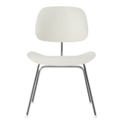 The Eames Molded Plastic Dining Chair from Herman Miller with the white shell and trivalent chrome leg finish from the front.