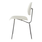 The Eames Molded Plastic Dining Chair from Herman Miller with the white shell and trivalent chrome leg finish from the side.