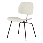 The Eames Molded Plastic Dining Chair from Herman Miller with the white shell and ultra black leg finish.