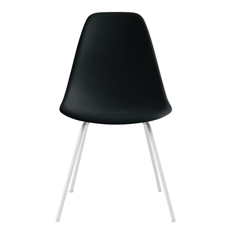 The black shell Eames Molded Plastic Side Chair 4-Leg Base from Herman Miller with the white base.