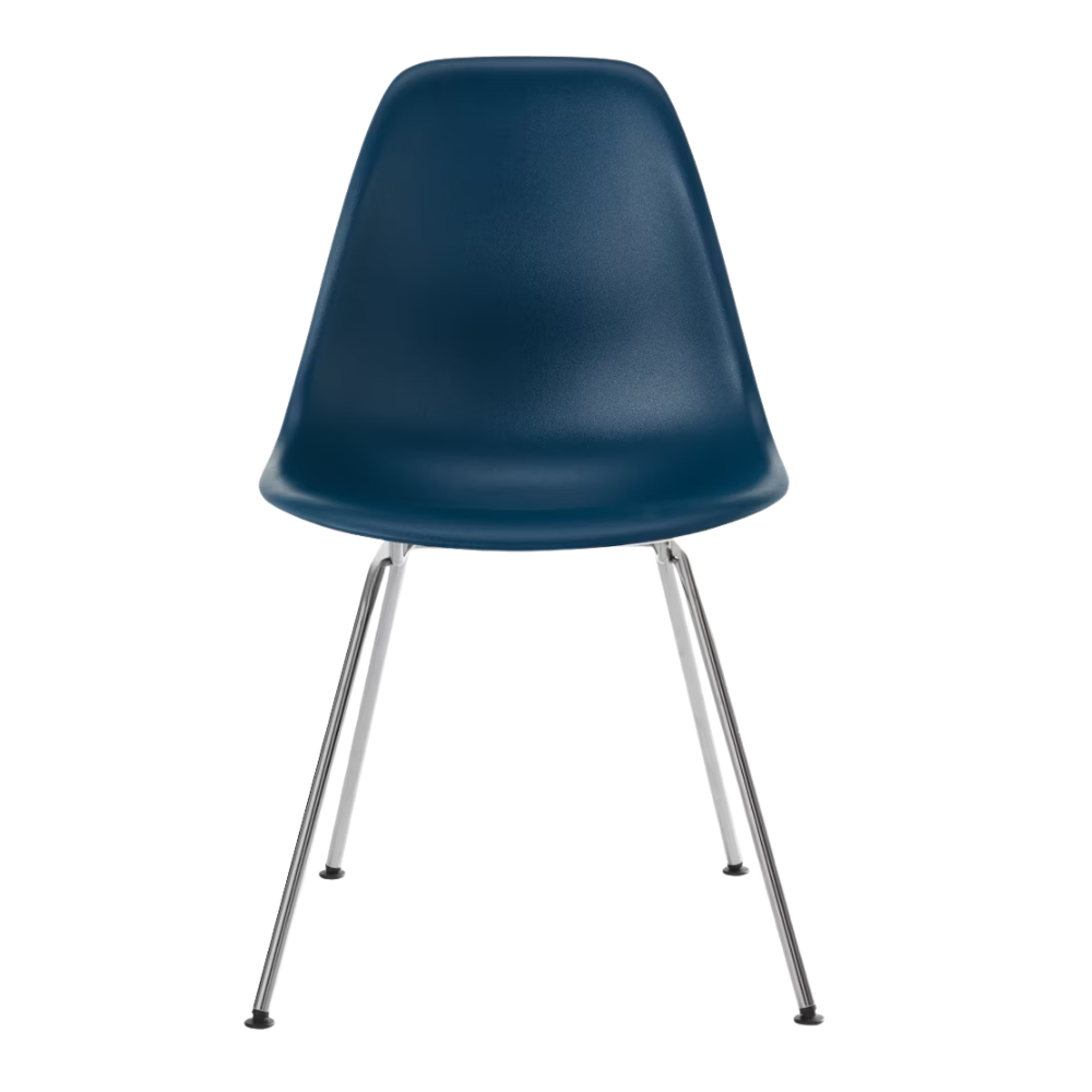 The blue green shell Eames Molded Plastic Side Chair 4-Leg Base from Herman Miller with the trivalent chrome base.