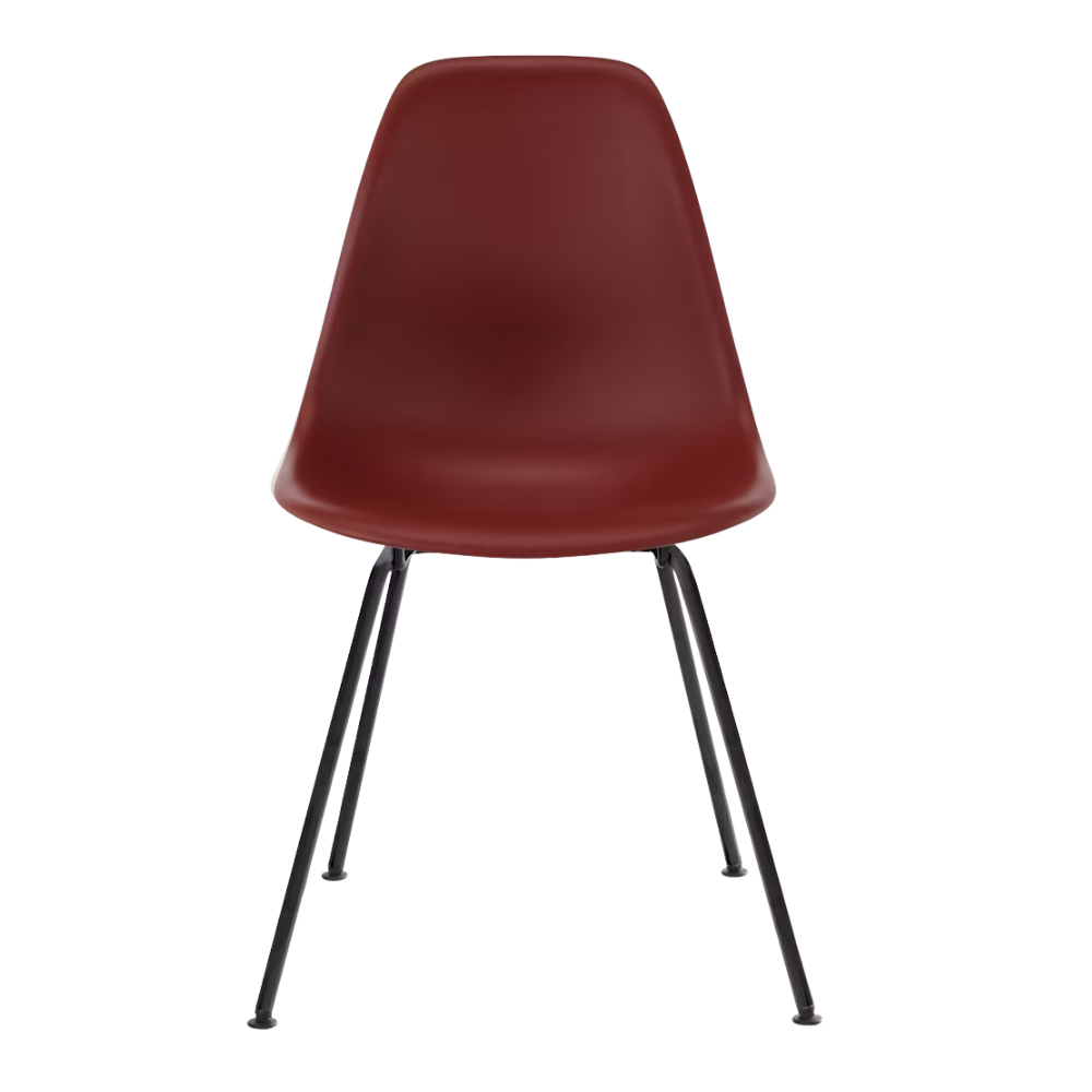 The brick red shell Eames Molded Plastic Side Chair 4-Leg Base from Herman Miller with the black base.