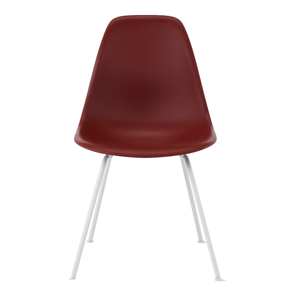 The brick red shell Eames Molded Plastic Side Chair 4-Leg Base from Herman Miller with the white base.