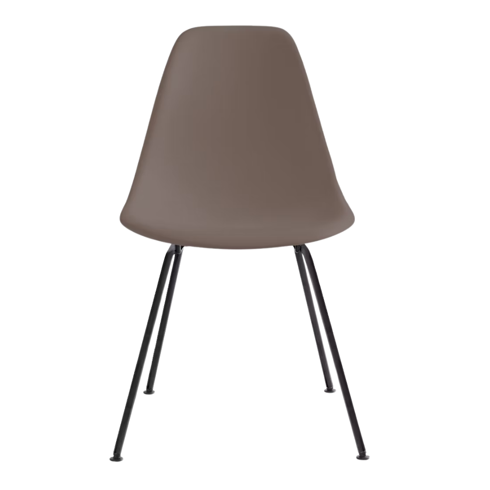 The cocoa shell Eames Molded Plastic Side Chair 4-Leg Base from Herman Miller with the black base.