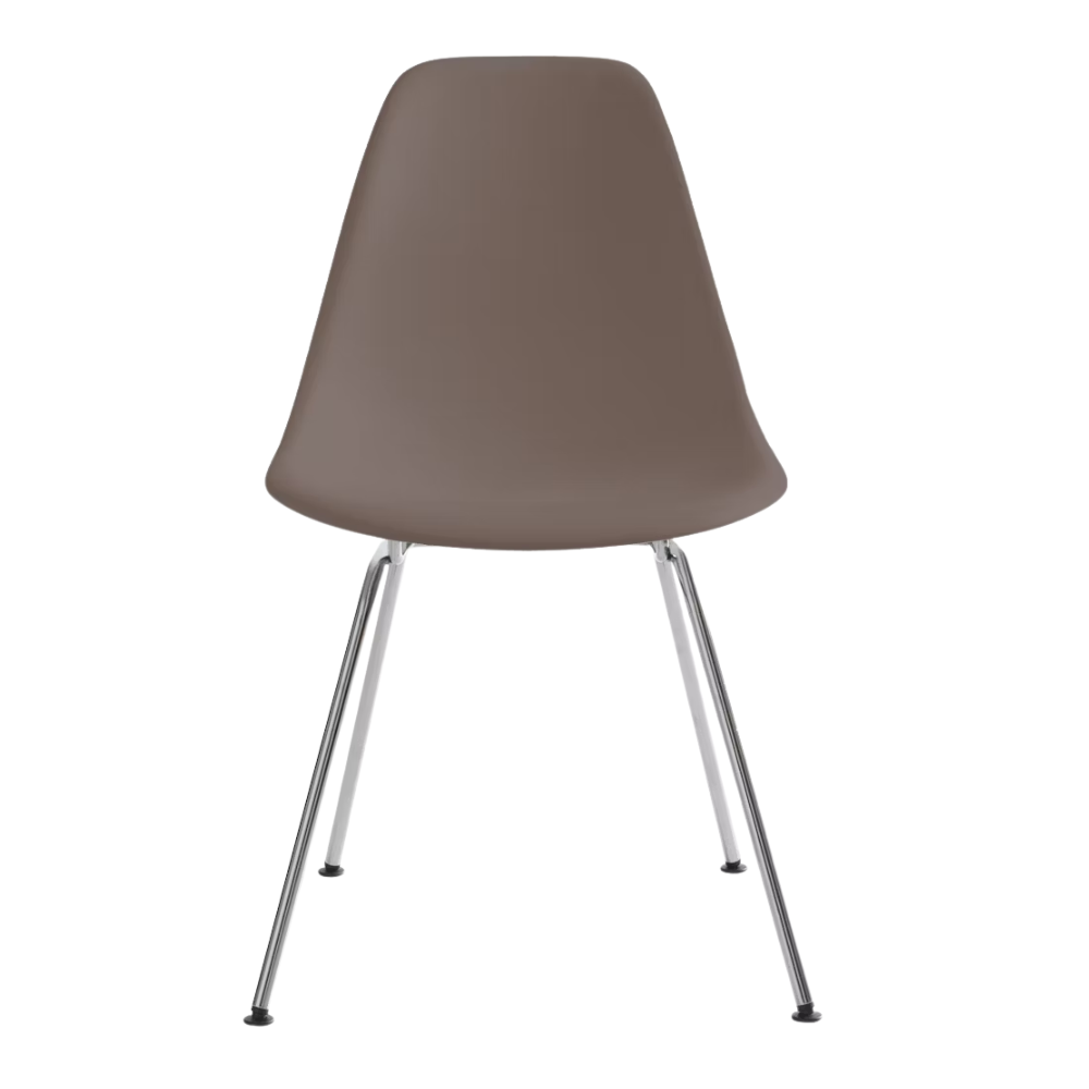 The cocoa shell Eames Molded Plastic Side Chair 4-Leg Base from Herman Miller with the trivalent chrome base.