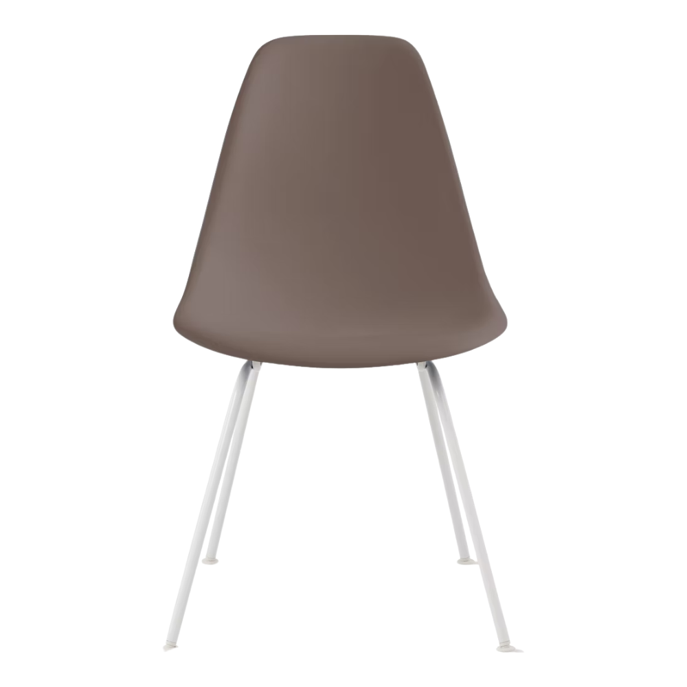 The cocoa shell Eames Molded Plastic Side Chair 4-Leg Base from Herman Miller with the white base.