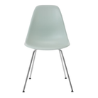 The gray green shell Eames Molded Plastic Side Chair 4-Leg Base from Herman Miller with the trivalent chrome base.