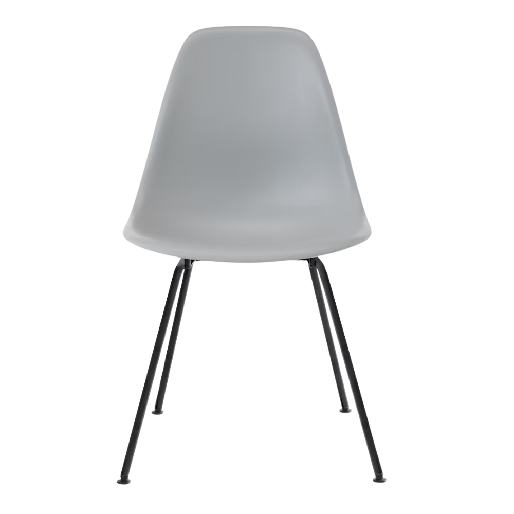 The light gray shell Eames Molded Plastic Side Chair 4-Leg Base from Herman Miller with the black base.