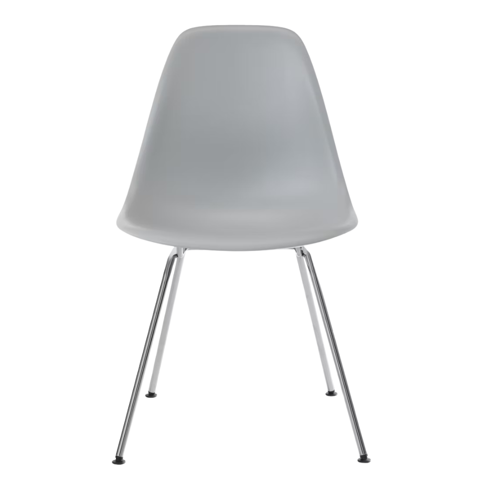 The light gray shell Eames Molded Plastic Side Chair 4-Leg Base from Herman Miller with the trivalent chrome base.