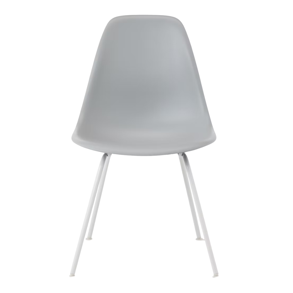 The light gray shell Eames Molded Plastic Side Chair 4-Leg Base from Herman Miller with the white base.