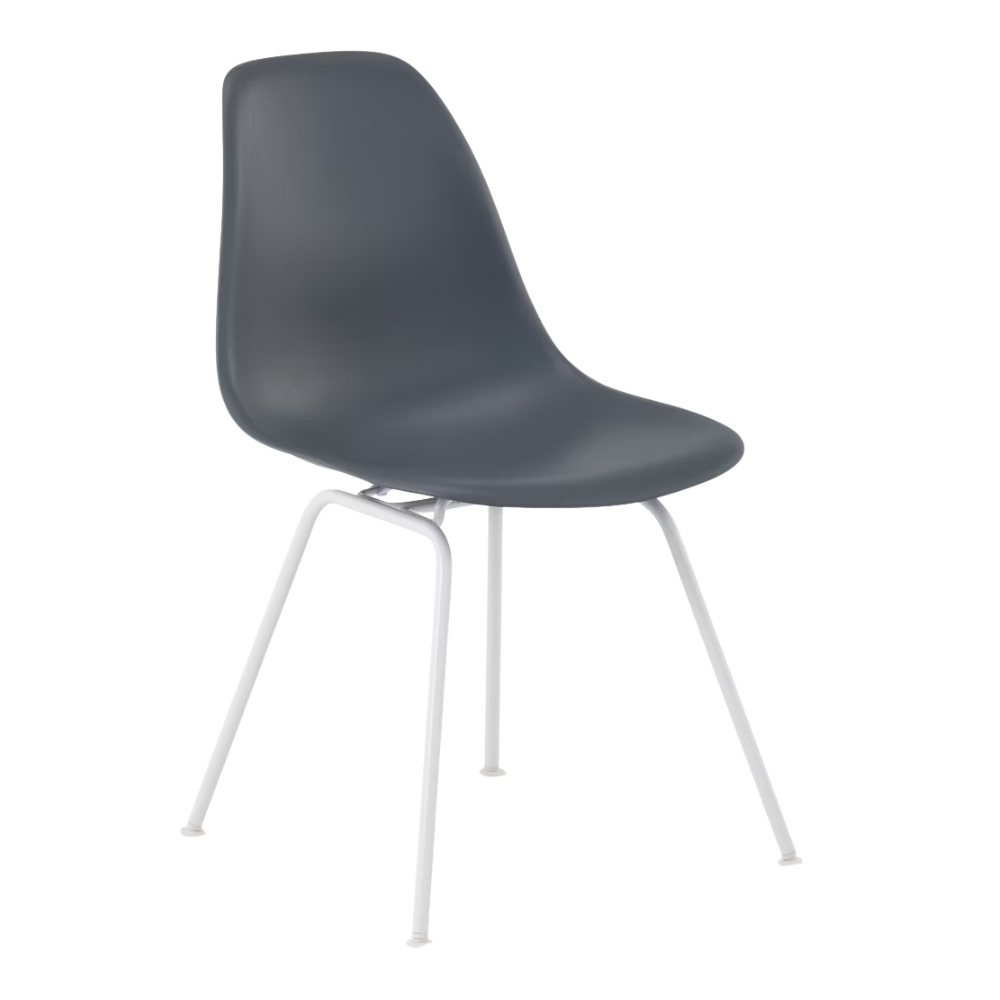 The medium gray shell Eames Molded Plastic Side Chair 4-Leg Base from Herman Miller with the white base from an angle.