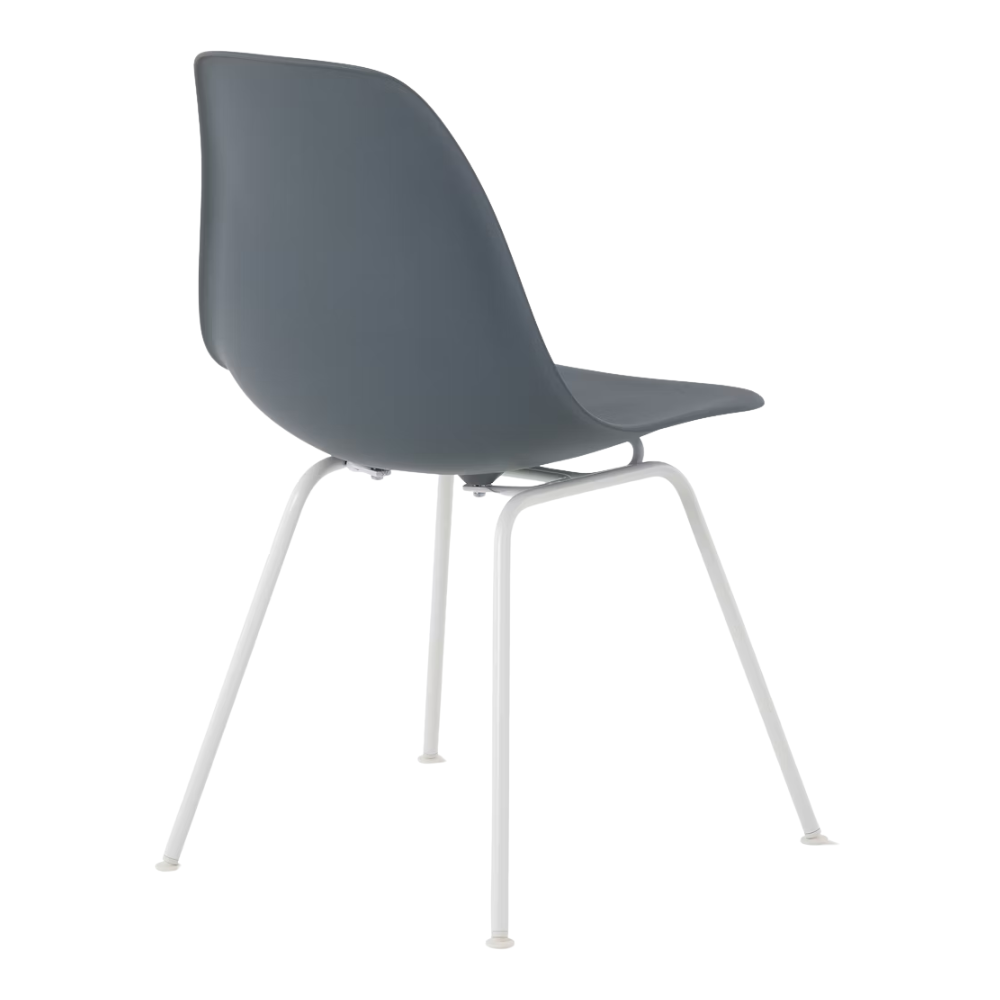 The medium gray shell Eames Molded Plastic Side Chair 4-Leg Base from Herman Miller with the white base from the back at an angle.