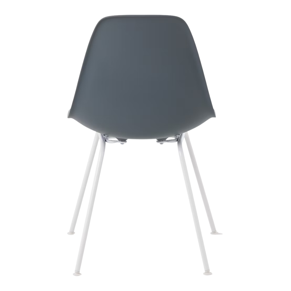 The medium gray shell Eames Molded Plastic Side Chair 4-Leg Base from Herman Miller with the white base from the back.