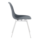 The medium gray shell Eames Molded Plastic Side Chair 4-Leg Base from Herman Miller with the white base from the side.