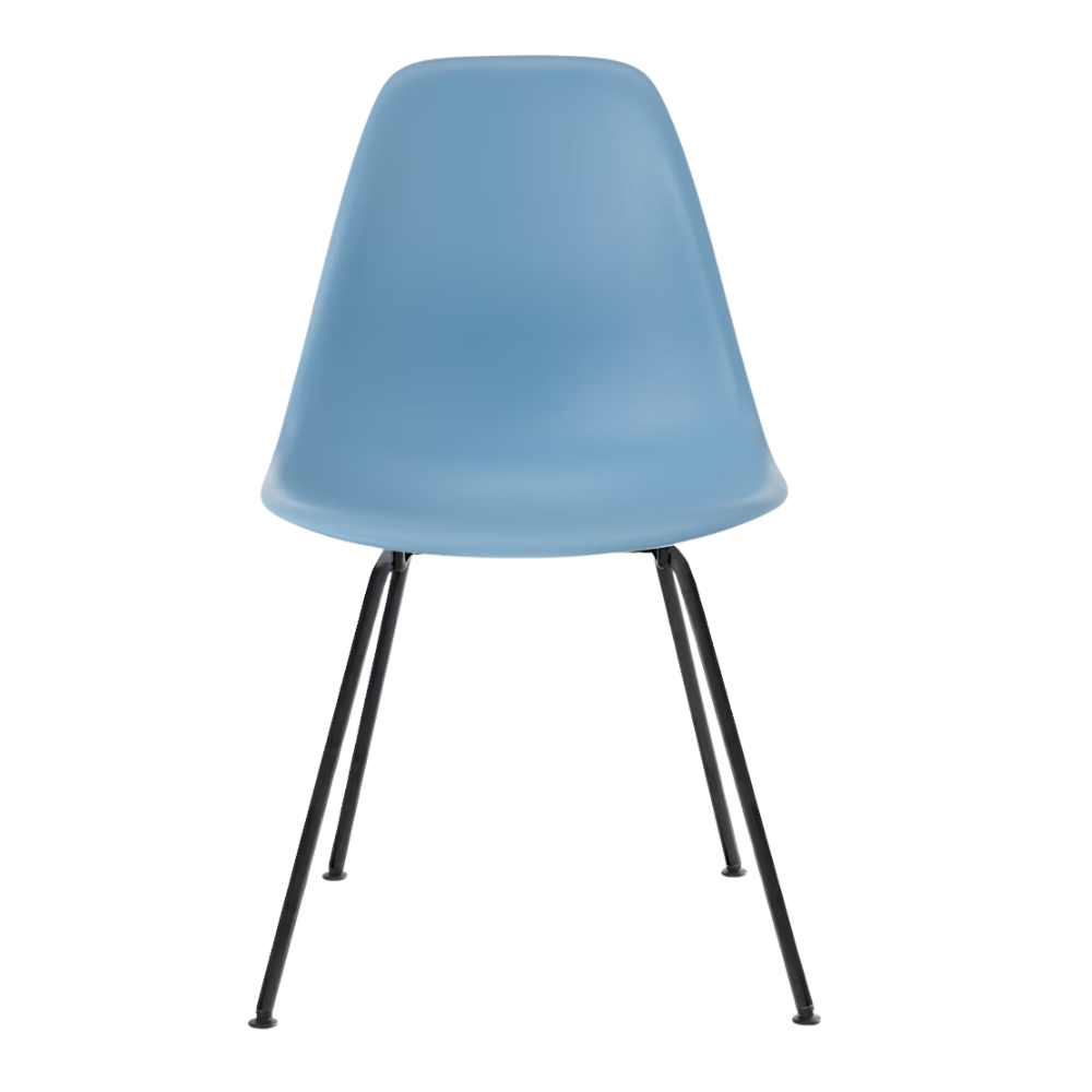 The pale blue shell Eames Molded Plastic Side Chair 4-Leg Base from Herman Miller with the black base.