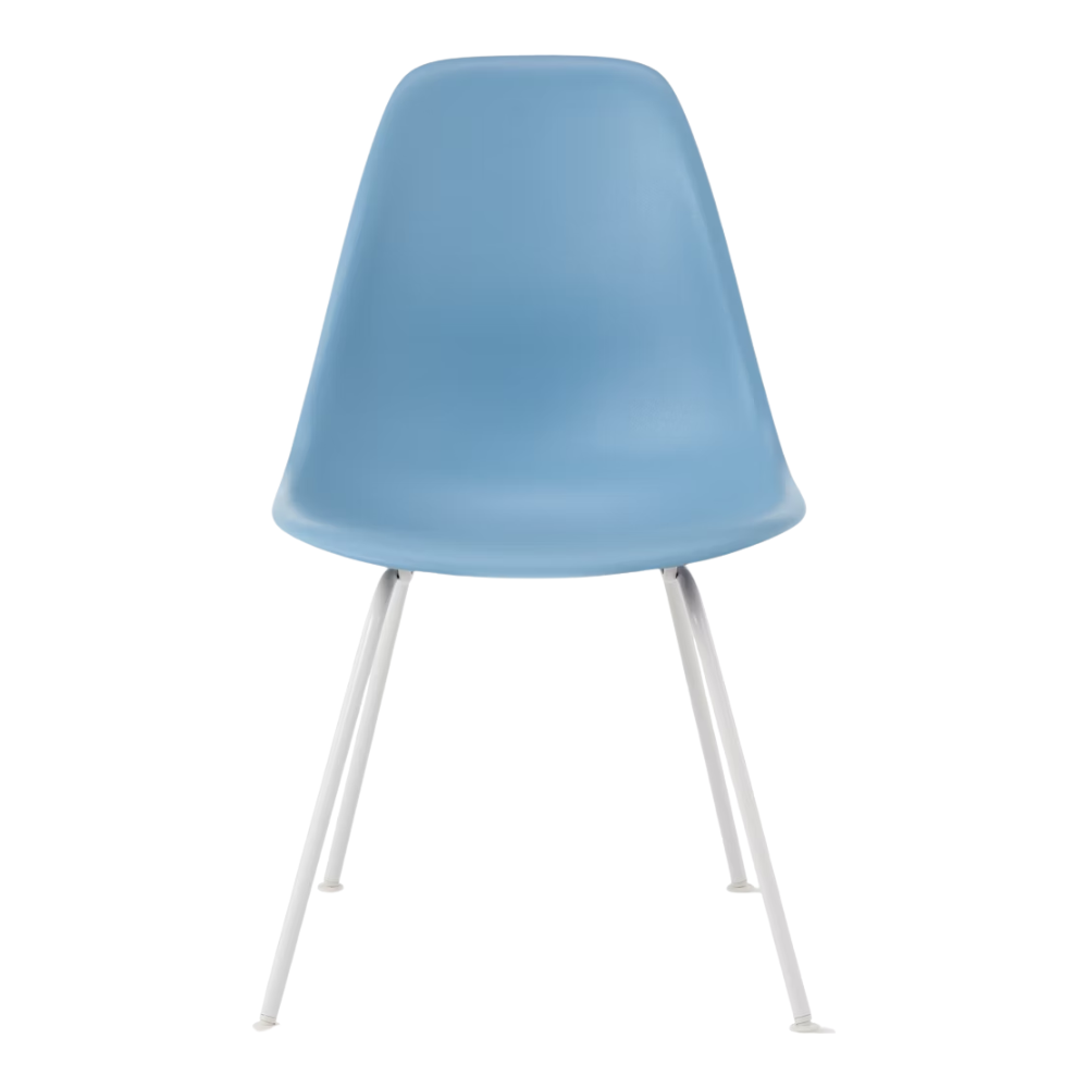 The pale blue shell Eames Molded Plastic Side Chair 4-Leg Base from Herman Miller with the white base.