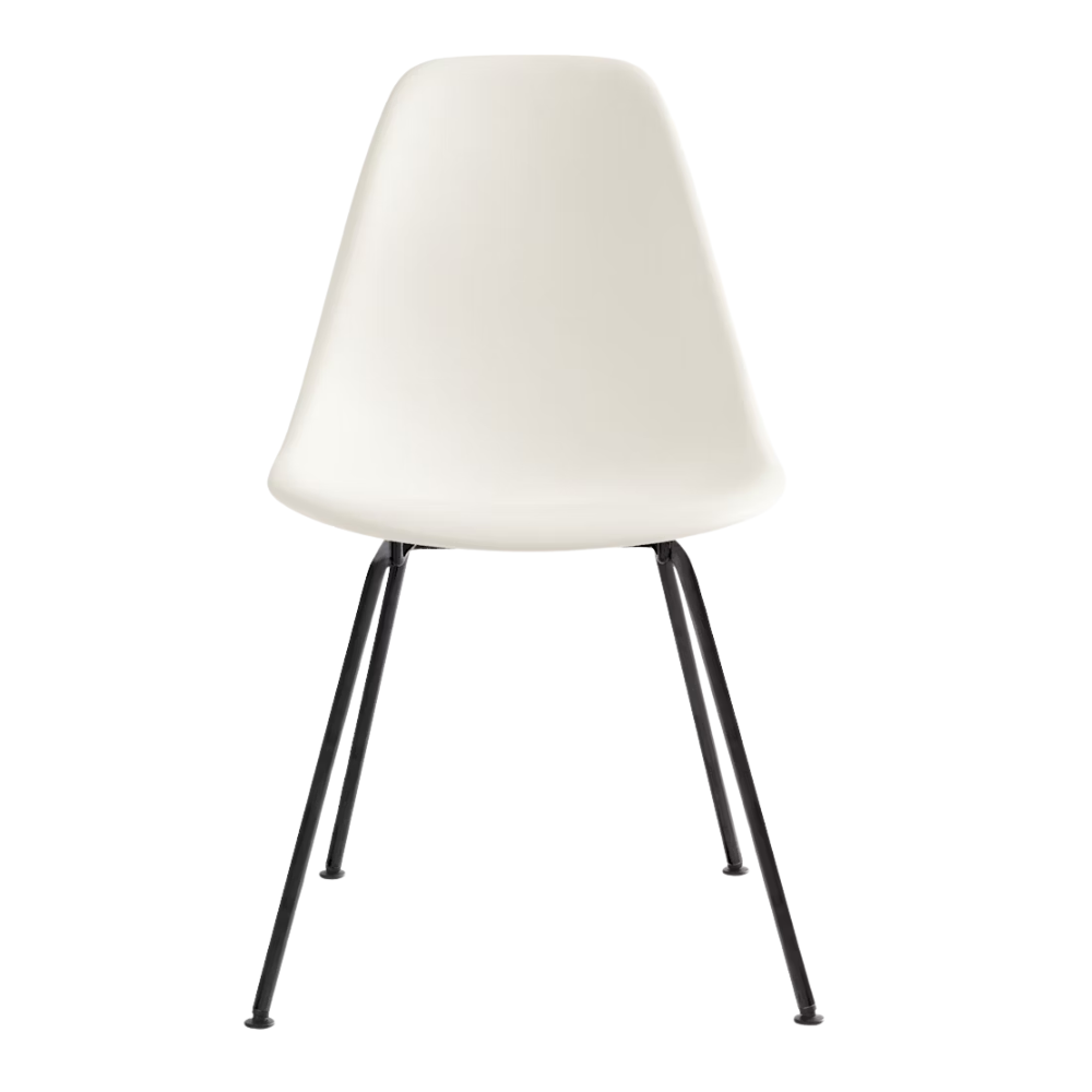 The white shell Eames Molded Plastic Side Chair 4-Leg Base from Herman Miller with the black base.