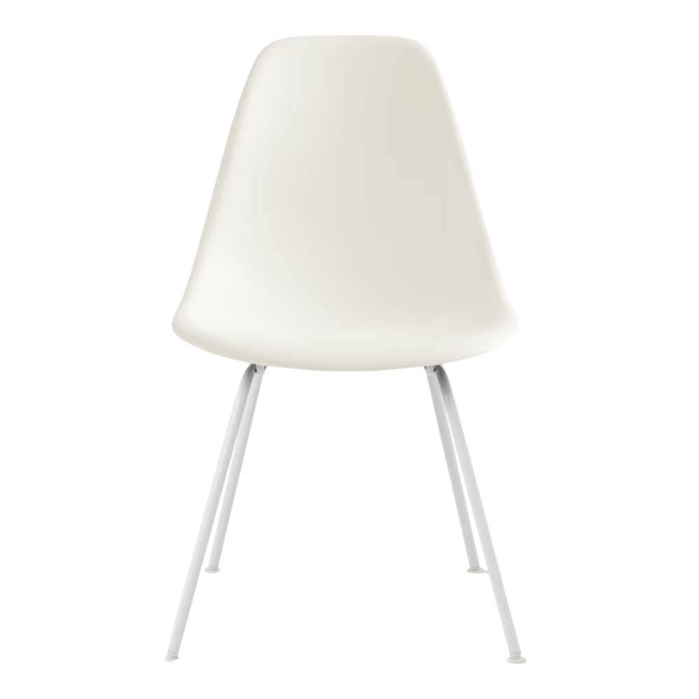 The white shell Eames Molded Plastic Side Chair 4-Leg Base from Herman Miller with the white base.