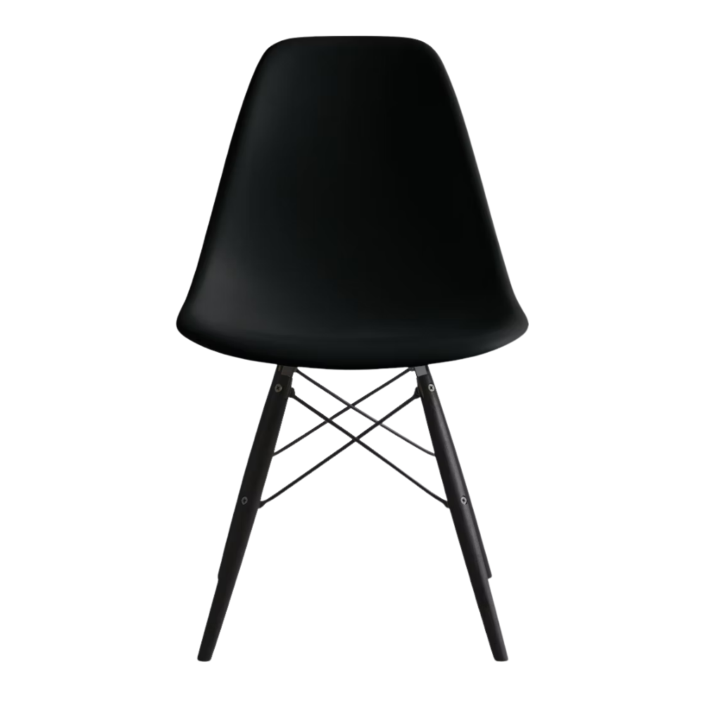 The black shell Eames Molded Plastic Side Chair Dowel-Leg Base from Herman Miller with the black base and ebony legs.