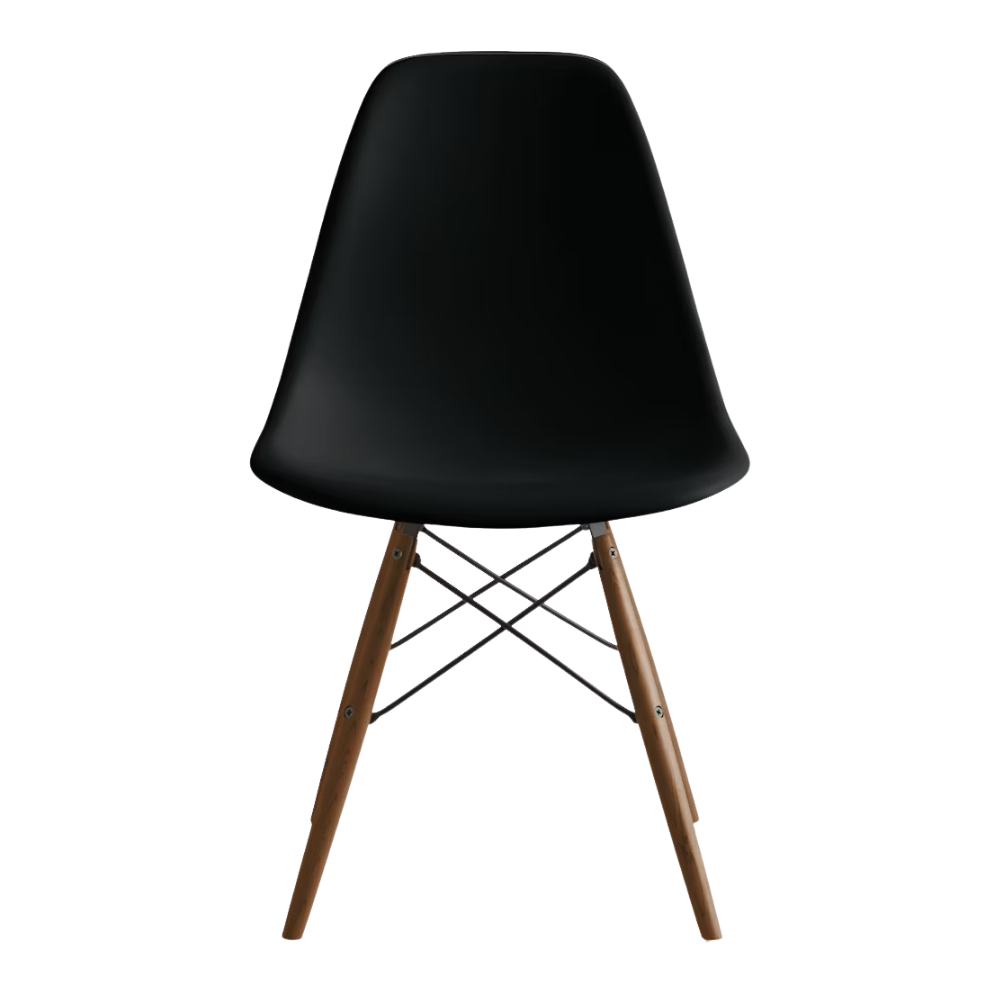 The black shell Eames Molded Plastic Side Chair Dowel-Leg Base from Herman Miller with the black base and walnut legs.