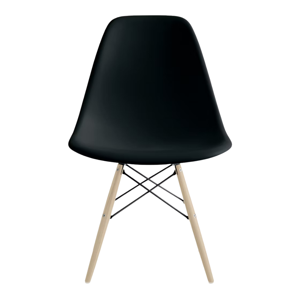 The black shell Eames Molded Plastic Side Chair Dowel-Leg Base from Herman Miller with the black base and white oak legs.