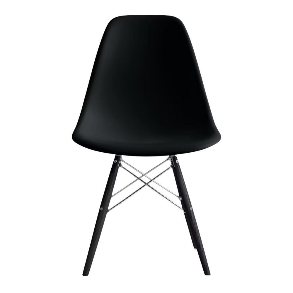 The black shell Eames Molded Plastic Side Chair Dowel-Leg Base from Herman Miller with the trivalent chrome base and ebony legs.