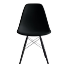 The black shell Eames Molded Plastic Side Chair Dowel-Leg Base from Herman Miller with the trivalent chrome base and ebony legs.