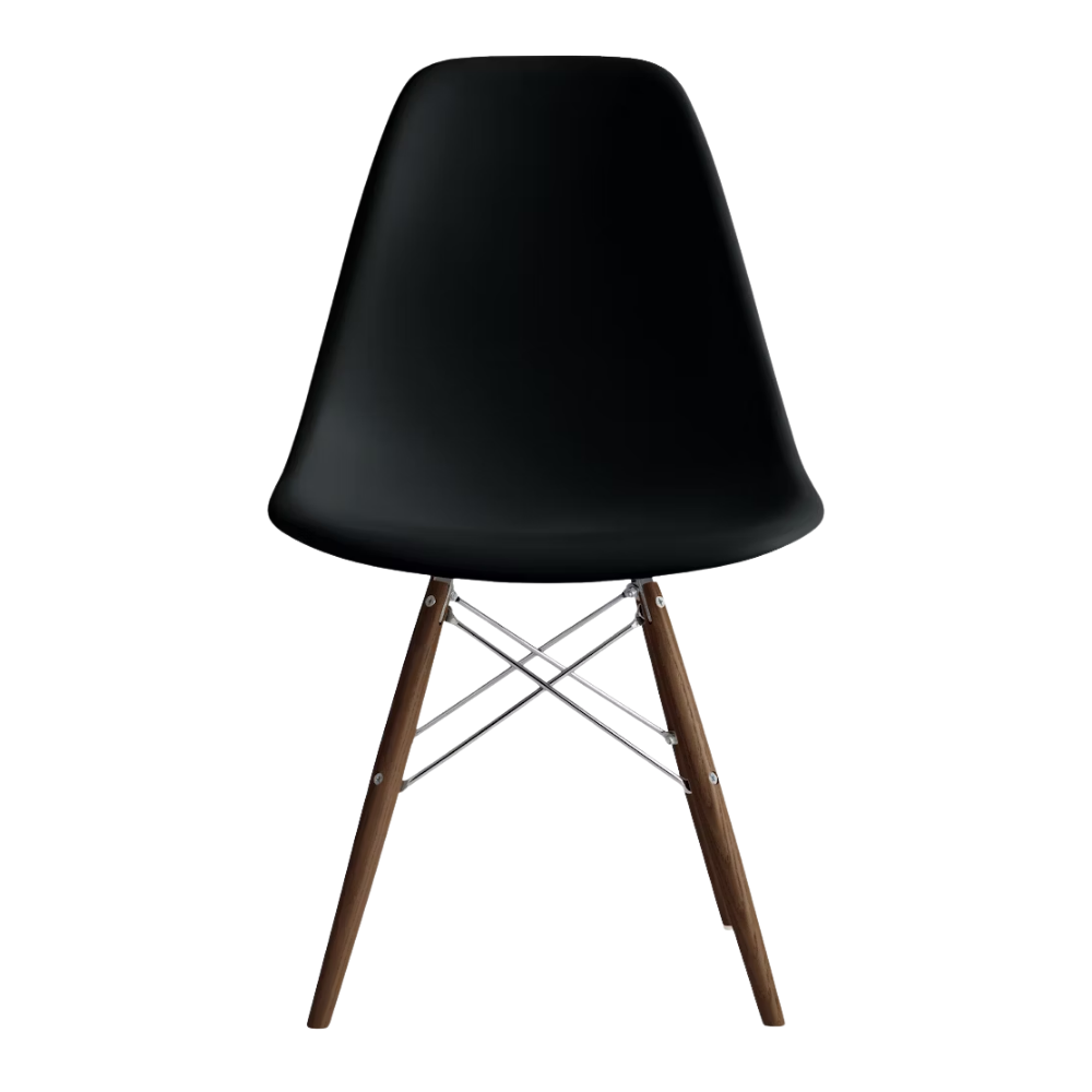 The black shell Eames Molded Plastic Side Chair Dowel-Leg Base from Herman Miller with the trivalent chrome base and walnut legs.