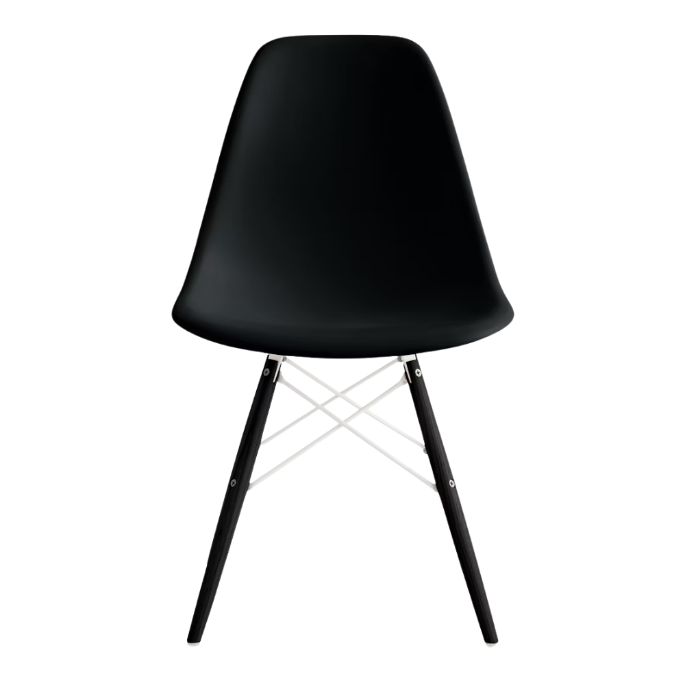 The black shell Eames Molded Plastic Side Chair Dowel-Leg Base from Herman Miller with the white base and ebony legs.