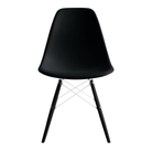 The black shell Eames Molded Plastic Side Chair Dowel-Leg Base from Herman Miller with the white base and ebony legs.