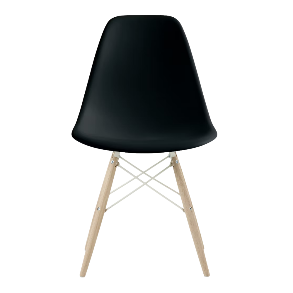 The black shell Eames Molded Plastic Side Chair Dowel-Leg Base from Herman Miller with the white base and white oak legs.