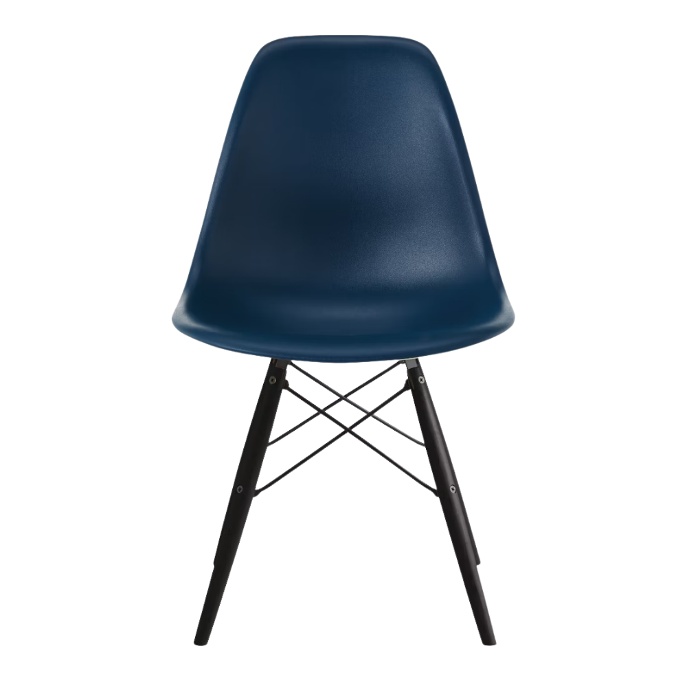 The blue green shell Eames Molded Plastic Side Chair Dowel-Leg Base from Herman Miller with the black base and ebony legs.