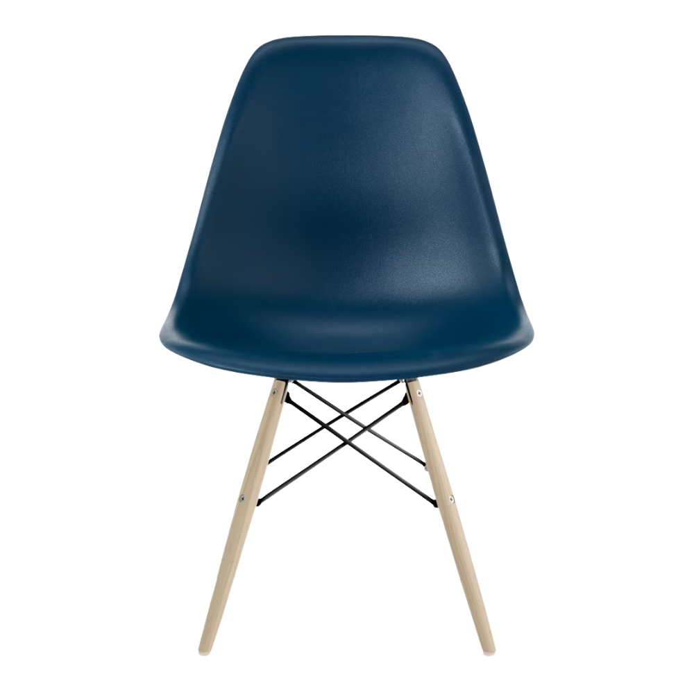 The blue green shell Eames Molded Plastic Side Chair Dowel-Leg Base from Herman Miller with the black base and white oak legs.