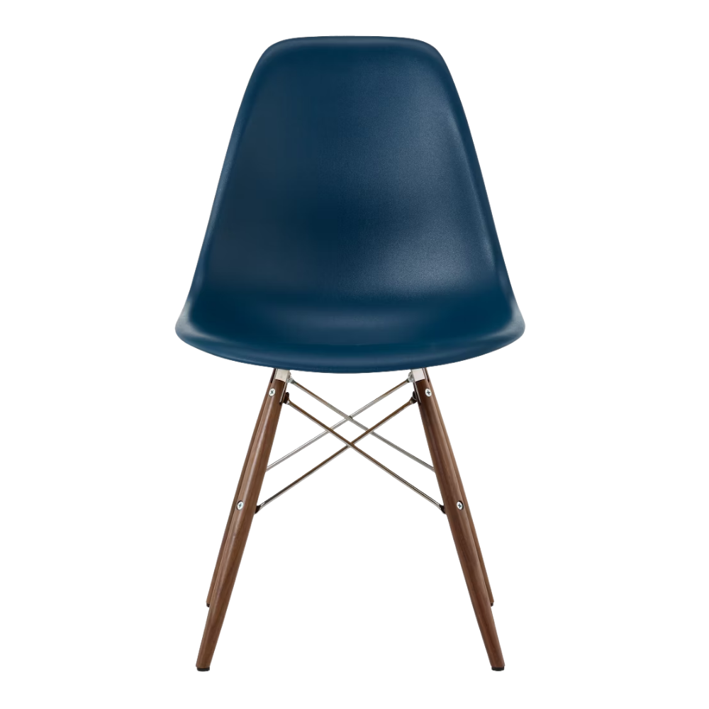 The blue green shell Eames Molded Plastic Side Chair Dowel-Leg Base from Herman Miller with the trivalent chrome base and walnut legs.