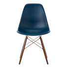 The blue green shell Eames Molded Plastic Side Chair Dowel-Leg Base from Herman Miller with the trivalent chrome base and walnut legs.