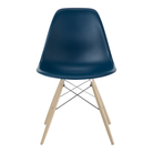 The blue green shell Eames Molded Plastic Side Chair Dowel-Leg Base from Herman Miller with the trivalent chrome base and white oak legs.