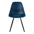 The blue green shell Eames Molded Plastic Side Chair Dowel-Leg Base from Herman Miller with the white base and ebony legs.