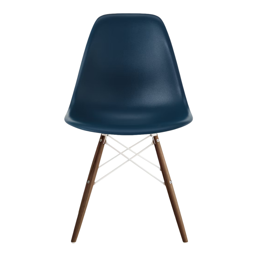 The blue green shell Eames Molded Plastic Side Chair Dowel-Leg Base from Herman Miller with the white base and walnut legs.