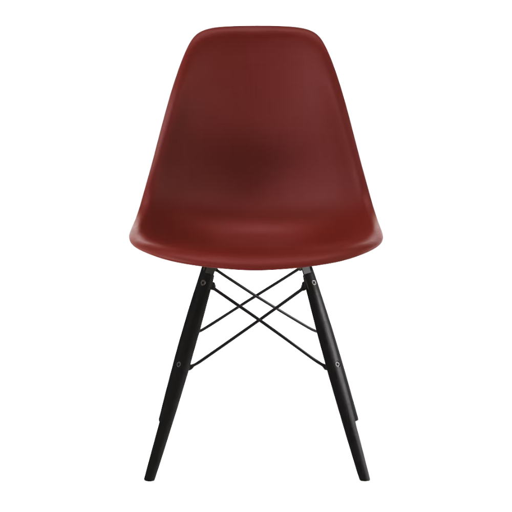 The brick red shell Eames Molded Plastic Side Chair Dowel-Leg Base from Herman Miller with the black base and ebony legs.