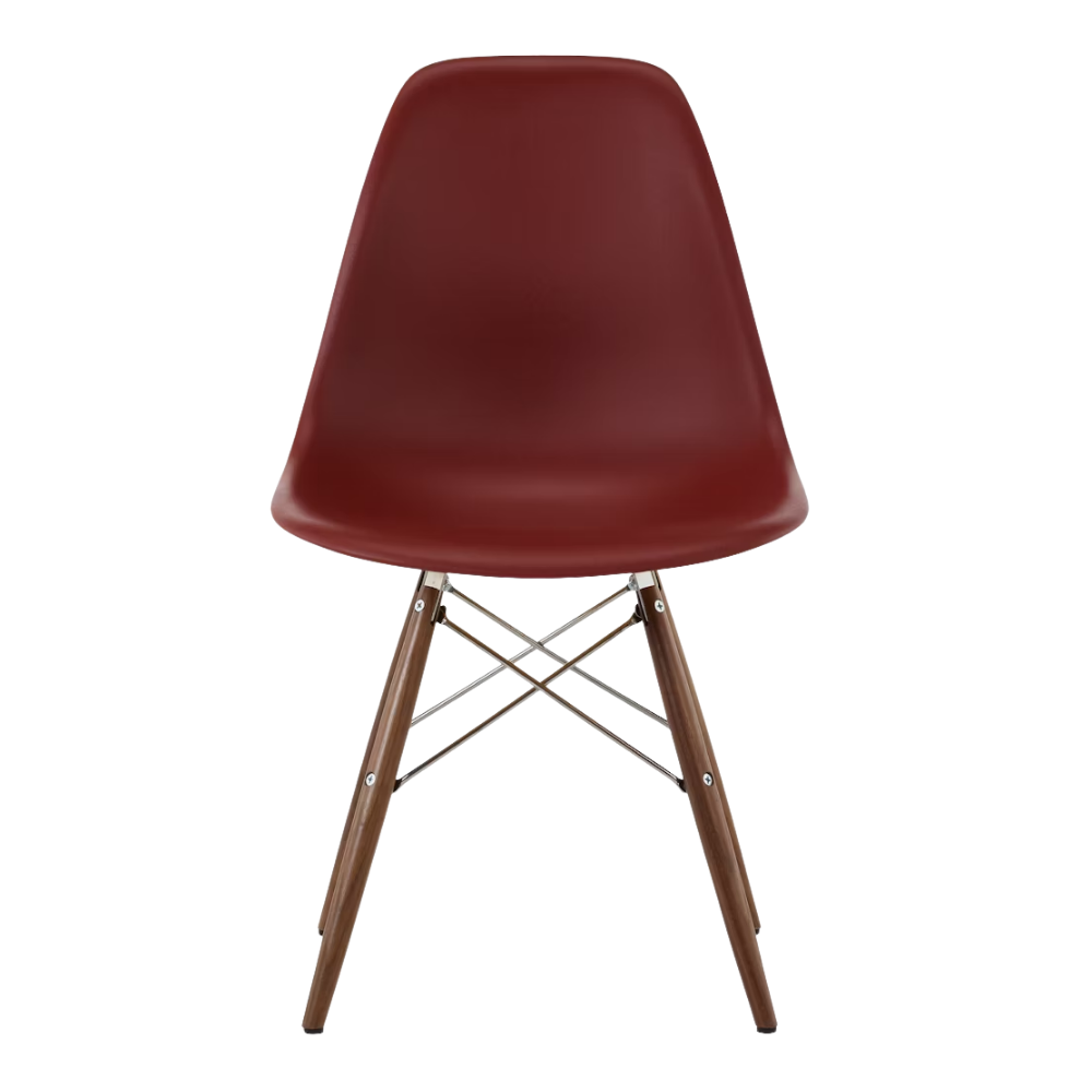 The brick red shell Eames Molded Plastic Side Chair Dowel-Leg Base from Herman Miller with the trivalent chrome base and walnut legs.