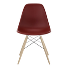 The brick red shell Eames Molded Plastic Side Chair Dowel-Leg Base from Herman Miller with the trivalent chrome base and white oak legs.