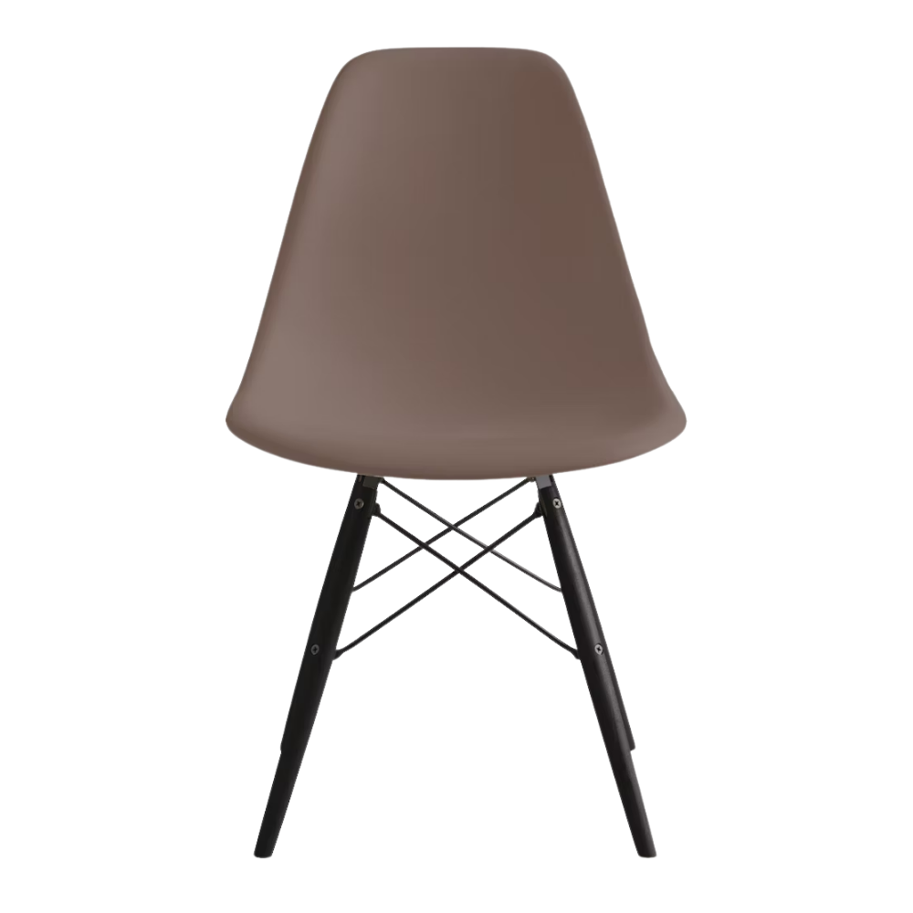 The cocoa shell Eames Molded Plastic Side Chair Dowel-Leg Base from Herman Miller with the black base and ebony legs.