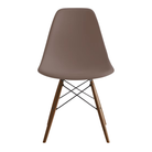 The cocoa shell Eames Molded Plastic Side Chair Dowel-Leg Base from Herman Miller with the black base and walnut legs.