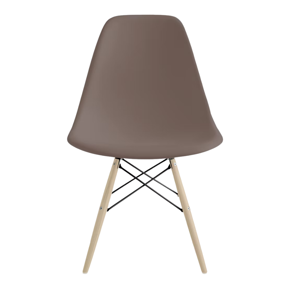 The cocoa shell Eames Molded Plastic Side Chair Dowel-Leg Base from Herman Miller with the black base and white oak legs.